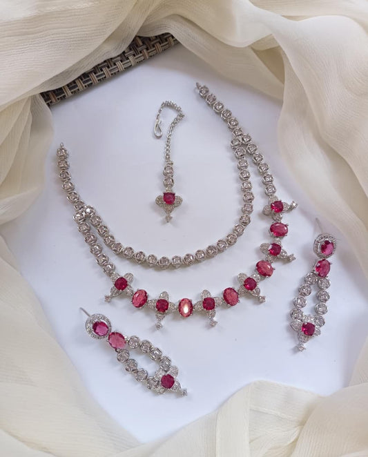 American Diamond Zircon Stylish Necklace Set With Teeka - Zilarra Jewellers