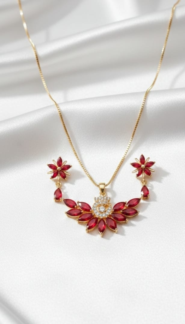 Peacock-Inspired Pendant With Matching Floral Earrings