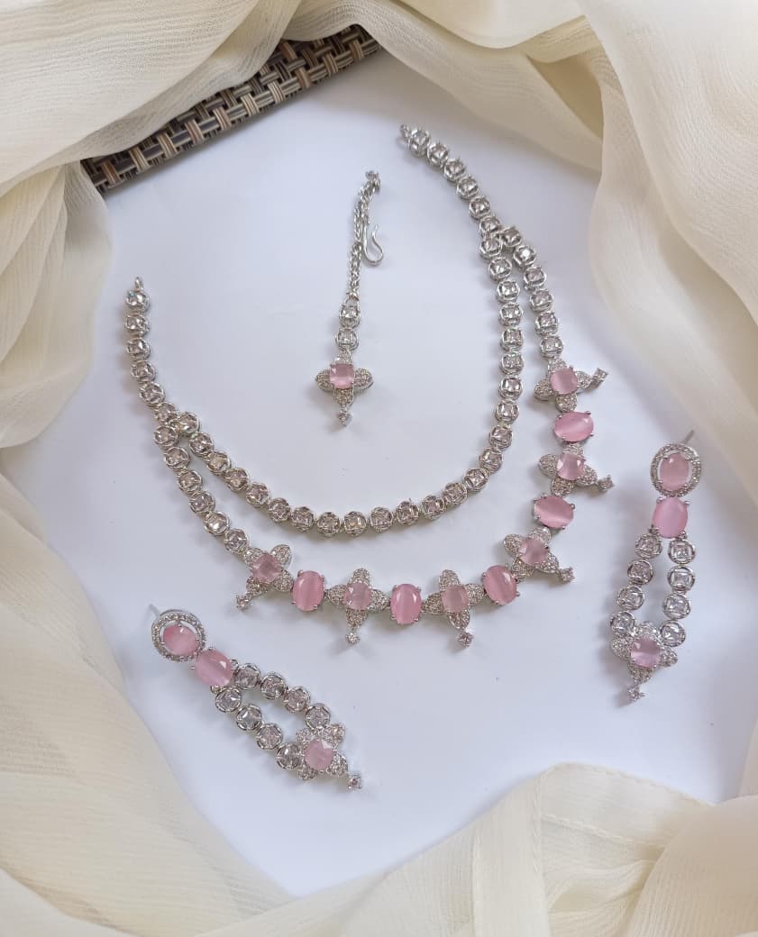 American Diamond Zircon Stylish Necklace Set With Teeka - Zilarra Jewellers