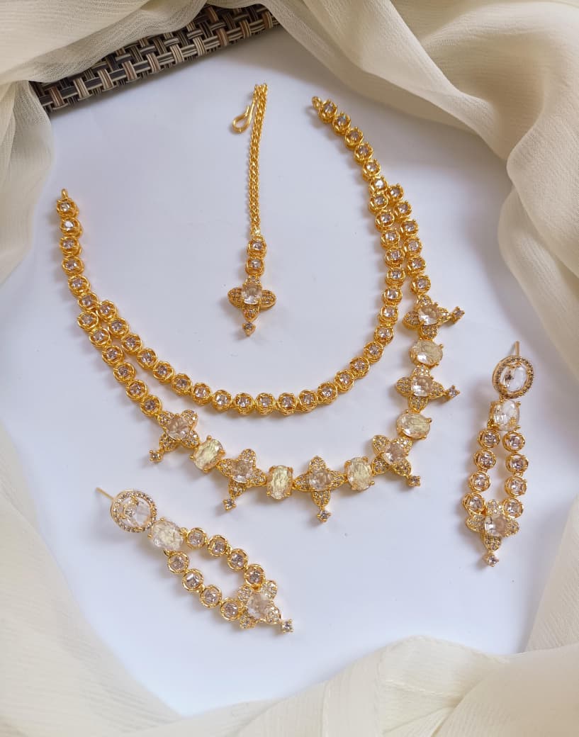 American Diamond Zircon Stylish Necklace Set With Teeka - Zilarra Jewellers