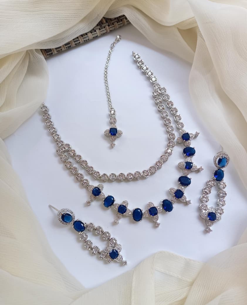 American Diamond Zircon Stylish Necklace Set With Teeka - Zilarra Jewellers
