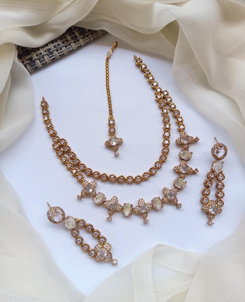 American Diamond Zircon Stylish Necklace Set With Teeka - Zilarra Jewellers