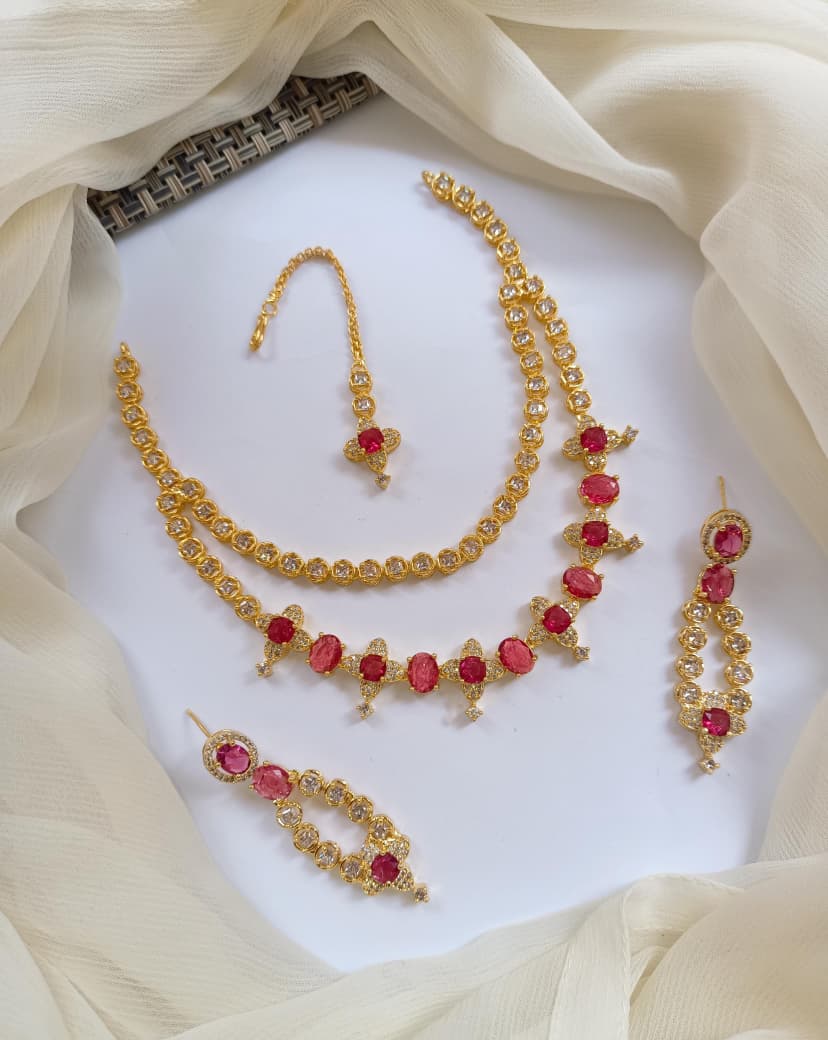 American Diamond Zircon Stylish Necklace Set With Teeka - Zilarra Jewellers