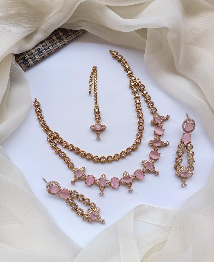 American Diamond Zircon Stylish Necklace Set With Teeka - Zilarra Jewellers