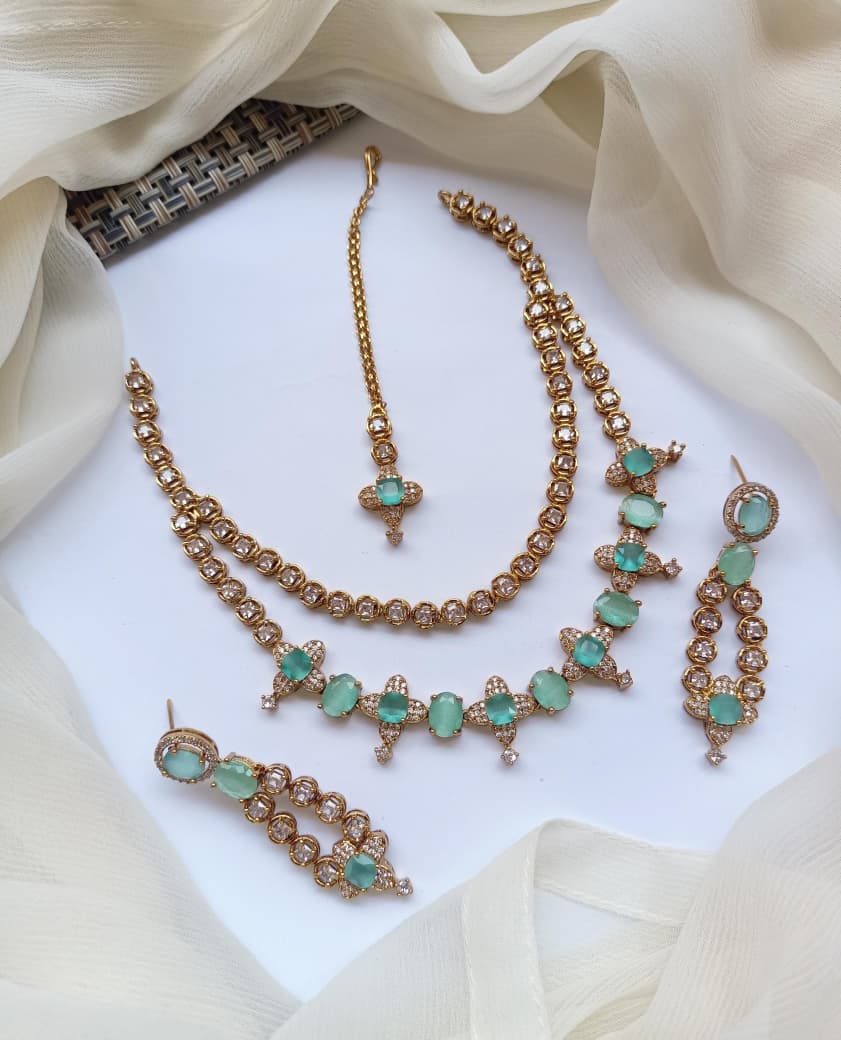 American Diamond Zircon Stylish Necklace Set With Teeka - Zilarra Jewellers