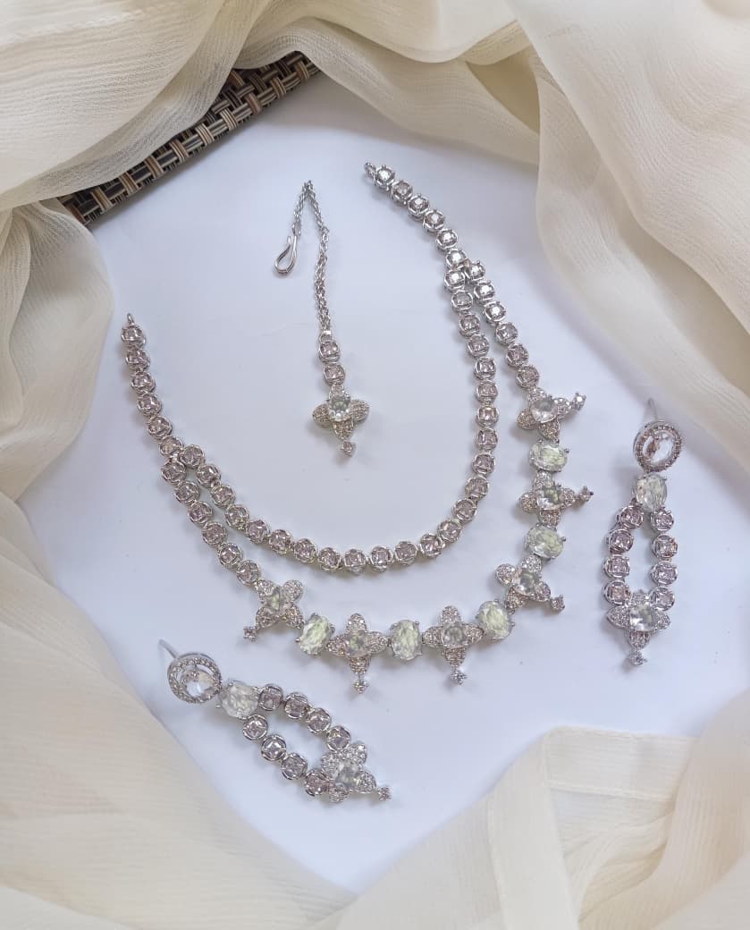 American Diamond Zircon Stylish Necklace Set With Teeka - Zilarra Jewellers